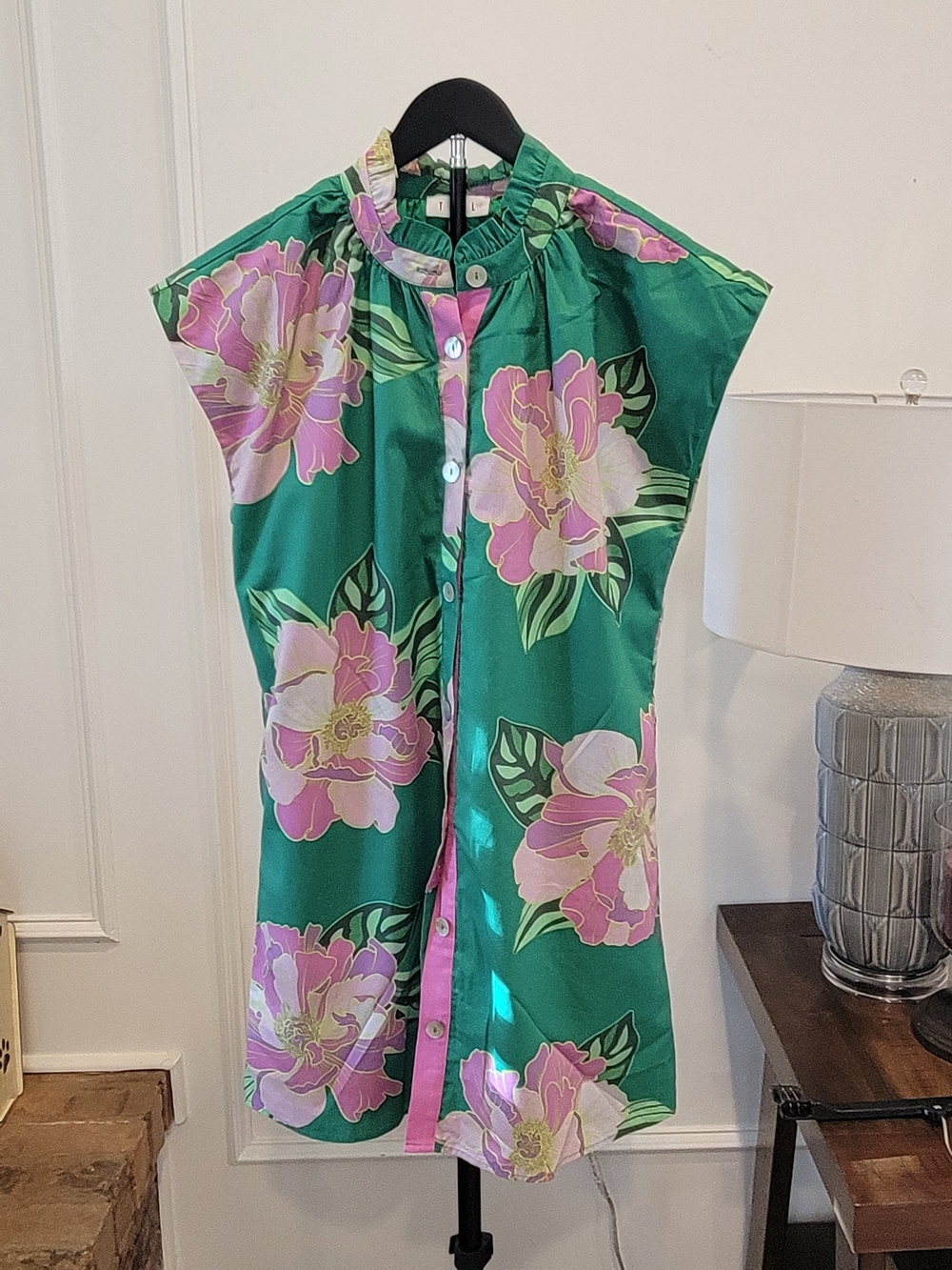THML Emerald Green Midi Dress with Pink Floral Print